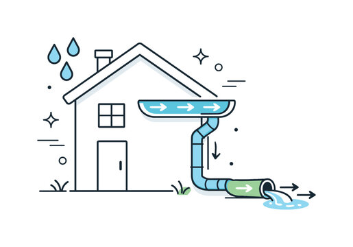 Clean drainage system. A simplified scene of clear gutters guiding rainwater away from a house, leaves removed and flow icons visible.