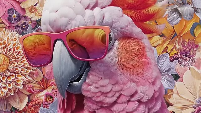 A vibrant pink parrot wearing stylish sunglasses is set against a floral backdrop of bright colors