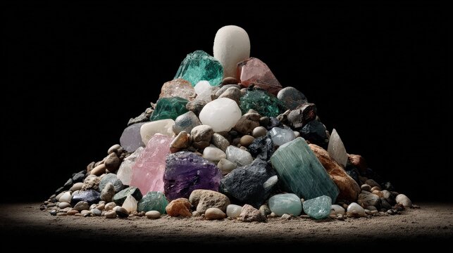 Mound of rough natural mineral specimens contrasts against a deep black background