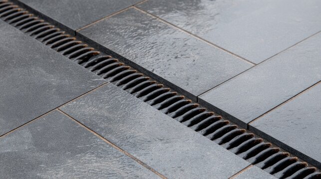 Close up of a drain gutter between wet tiled surfaces high angle view