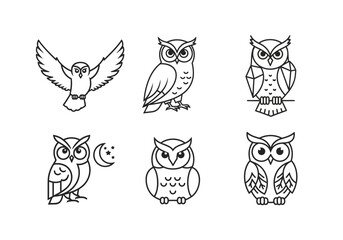 Fototapeta premium Set of six stylized owl illustrations in black and white line art.