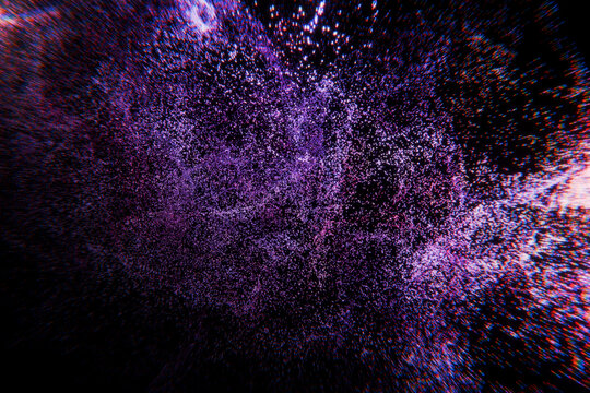 Glowing violet particles swirling in dark space. Abstract energy burst with grainy texture and dynamic light rays. Conceptual art for quantum physics, astronomy, and digital transformation.