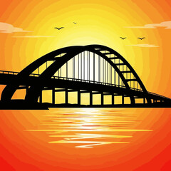 Obraz premium Silhouette of a large bridge at sunset over water.