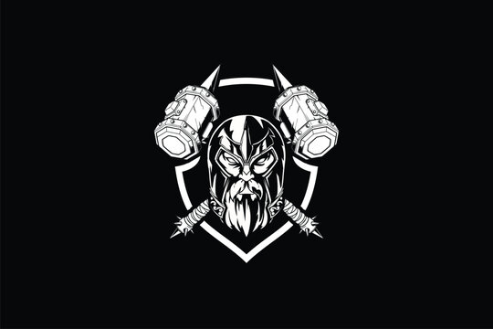 Warrior head with cross mallet emblem logo vector image template