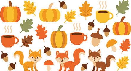 Autumn Season Elements Set with Pumpkins, Foxes, Leaves, Acorns, Mushrooms and Coffee Cups for Fall Design, Cozy Flat Vector Collection © MstSuborna