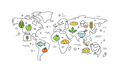 Global Food Balance. Global food security awareness. A simplified world map with plants and food symbols evenly distributed across regions. The illustration