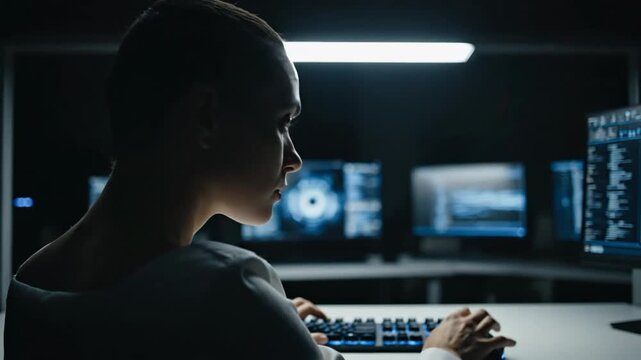 Side profile of a woman working at a computer in a dark tech lab