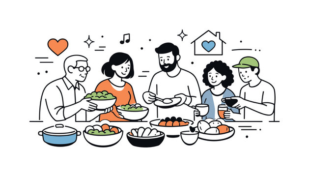 Potluck dinner as community ritual. Abstract editorial scene combining shared dishes, people, and subtle heart or home symbols, expressing