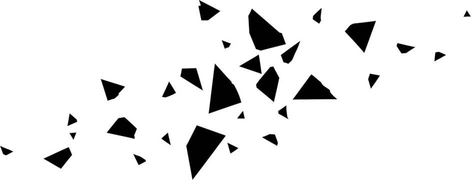 Abstract geometric shapes scattered and fragmented, creating a dynamic and fragmented pattern on a white background, symbolizing chaos and deconstruction