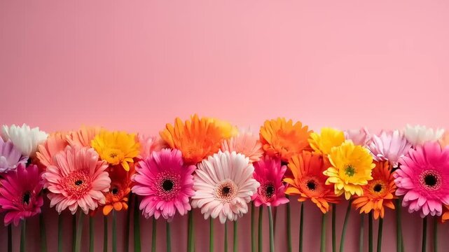 A vibrant row of colorful daisies against a solid pink background, creating a cheerful floral display