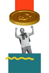 Creative composite sketch design artwork collage of aged man success hand fist up achieve goal...