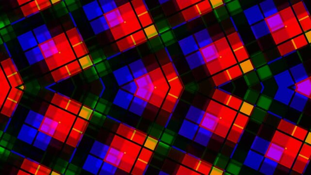 Vibrant abstract pattern of colorful squares and rectangles arranged in a dynamic grid viewed from directly above
