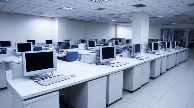 Modern computer lab interior with rows of workstations and equipment