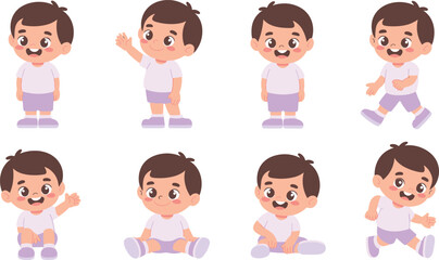 Fototapeta premium Cute Little Boy Cartoon Character Set with Different Poses and Activities for Kids Design, Child Development Illustration, Flat Vector Collection