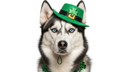 St. Patrick's Day. striking Siberian Husky with intense blue eyes, wearing a green festive St. Patrick's Day hat and shamrock beads on white background
