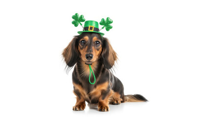 St. Patrick's Day. Dachshund wearing a tiny green leprechaun hat and shamrock accessories. on white background