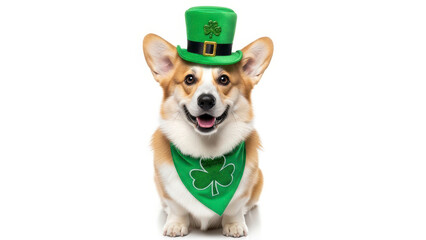 St. Patrick's Day. full body Pembroke Welsh Corgi wearing a green St. Patrick's Day derby hat and a shamrock bandana on a white background