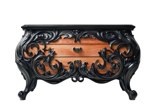 Ornate antique bombe chest of drawers isolated on transparent background. Modern luxury dresser isolated on white background.