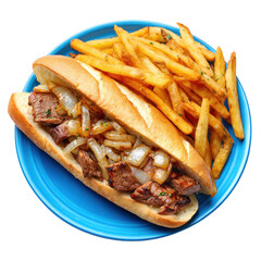  Sandwich with steak and onions served with fries on a blue plate. [Transparent Background PNG].