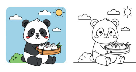 Cute cartoon panda bear holding a bamboo steamer with delicious dumplings © MstSangita