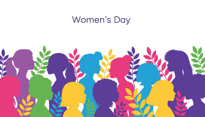 Naklejka premium A colorful illustration of women's day with diverse silhouettes and leaves