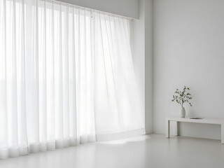Fototapeta premium Minimalist room with sheer white curtains and small plant
