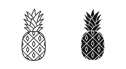 Obraz premium Simple Line and Silhouette Icons of a Pineapple: Outline and Solid Black Fill