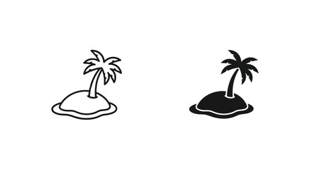 Naklejka premium Tropical island icon symbol with palm tree for vacation and paradise. Vector outline and solid black illustration.