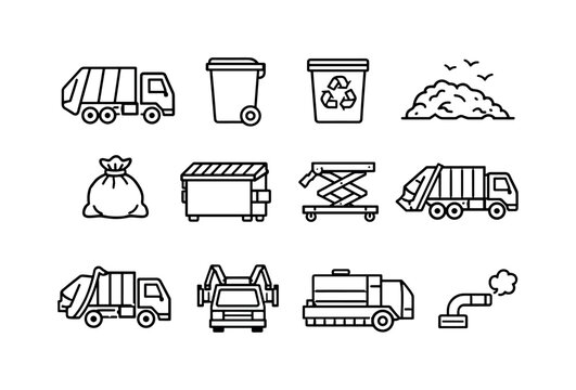    Garbage Truck. Line icon set of Garbage Truck: garbage truck, trash bin, recycling bin, landfill, waste bag, dumpster, hydraulic lift, rear