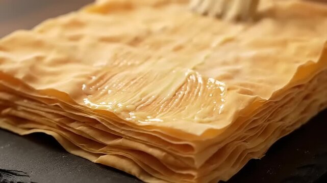 Close-up of a baking brush spreading melted butter over multiple layers of flaky phyllo dough sheets for pastry preparation.