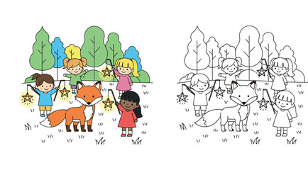Fototapeta premium Cute cartoon children holding glowing star lanterns standing with a red fox in the forest with trees, vector illustration