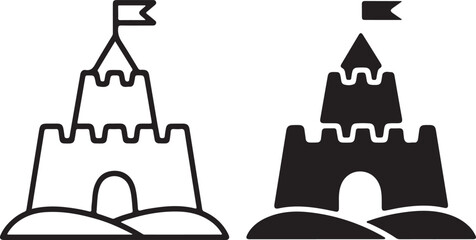 Two intricately designed sandcastles with flags on top against a beach backdrop. isolated on white background, illustration © vectorzking