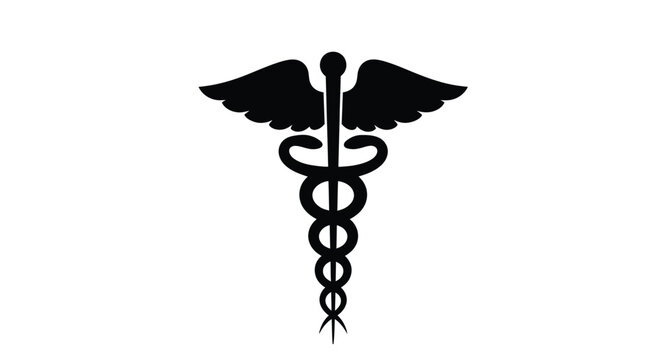 Black caduceus symbol depicting medical staff with entwined snakes on white