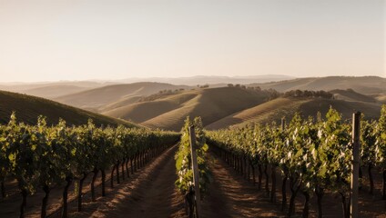 Obraz premium Vineyard rows stretch towards rolling hills under a warm sunset glow.