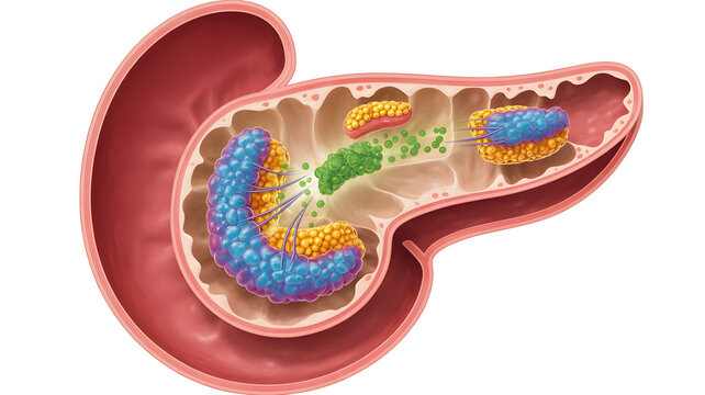 Pancreas anatomy with endocrine islets highlighted, insulin and hormone secretion concept, detailed cutaway illustration