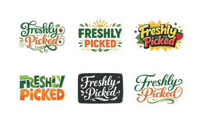 Creative Lettering Grid. Freshly picked. Set lettering. harmonious lettering variations of the same emblematic concept, each with different artistic