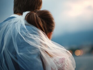 Newlywed couple sharing a kiss in a beautiful countryside setting with mountains