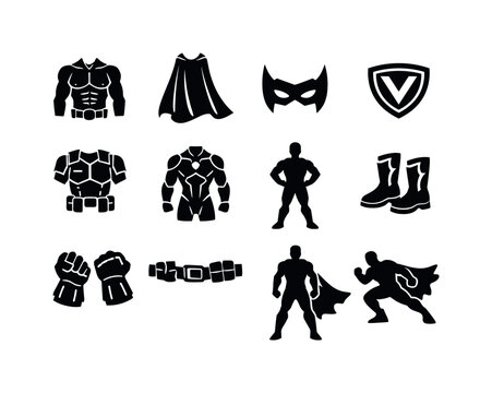   Superhero cosplay sketches. Solid icon set of superhero cosplay sketches: superhero suit sketch, cape design sketch, mask concept sketch,