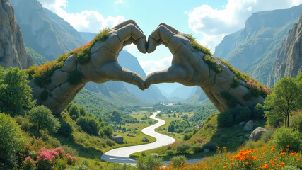 A stone sculpture of colossal hands folded in the shape of a heart, simultaneously forming an arch over the highway. Created using generative AI tools.