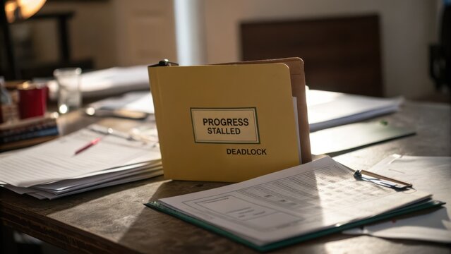 Yellow Folder Marked 'Progress Stalled' on Desk Surrounded by Papers