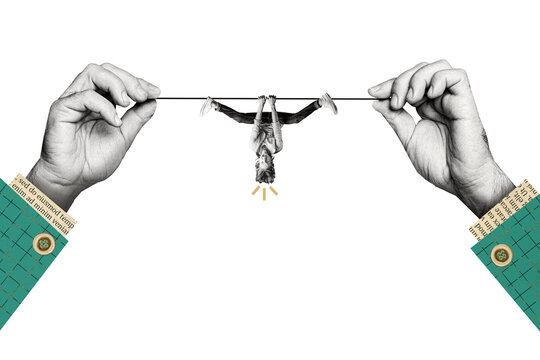 Composite photo collage of hand hold string crazy playful man hang  acrobatics tricks psyche disorder isolated on painted background