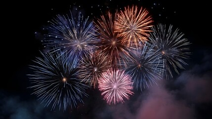 Fototapeta premium A vibrant display of colorful fireworks explodes across the dark night sky illuminating the darkness with a spectacular festive celeb n