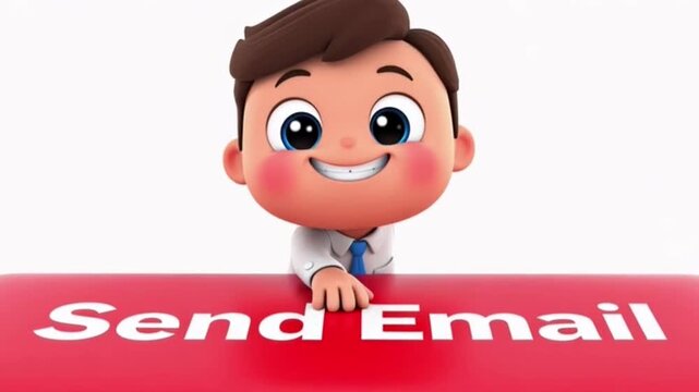 Cute Office Character Pressing Giant Send Email Button &ndash; Communication Concept