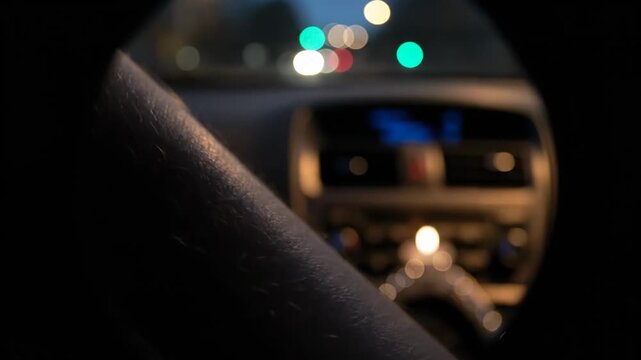 Vantage shot of a car dashboard at night from the driver?s perspective