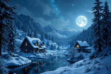 Winter Christmas landscape - a mountain village on the river bank under the night sky. Created using generative AI tools.