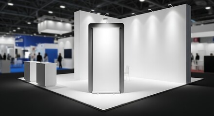 Modern White Exhibition Booth Stand in Trade Show Hall, Minimal Corporate Display Mockup