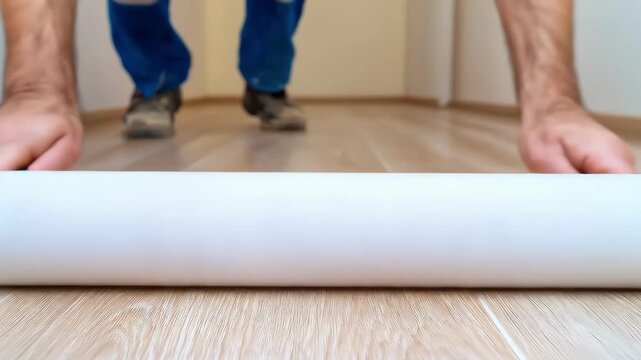 Close-up of a handyman rolling a white roller on a light-colored wood laminate floor during an interior home renovation.