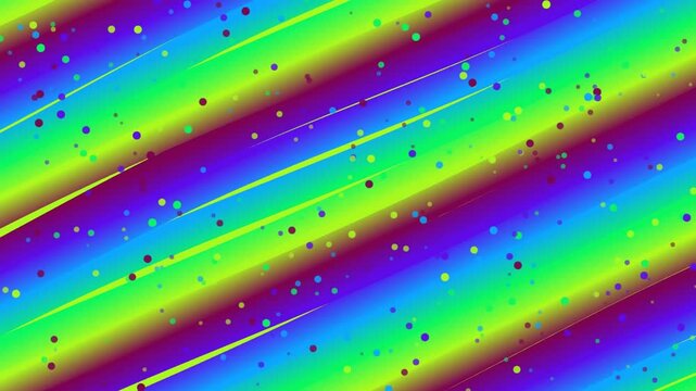 Vibrant diagonal stripes with dynamic dots and streaks in a colorful abstract background