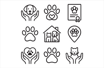 Pet care icons displaying paws animals homes and protective hands © Maya