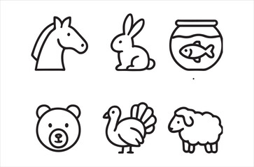 Fototapeta premium Simple line drawings of various animals and a fishbowl
